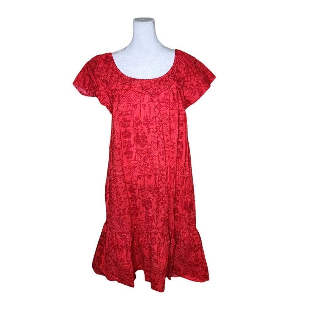 Vintage 80s Hilo Hattie Hawaiian Ruffle MuuMuu Dress Womens L Red